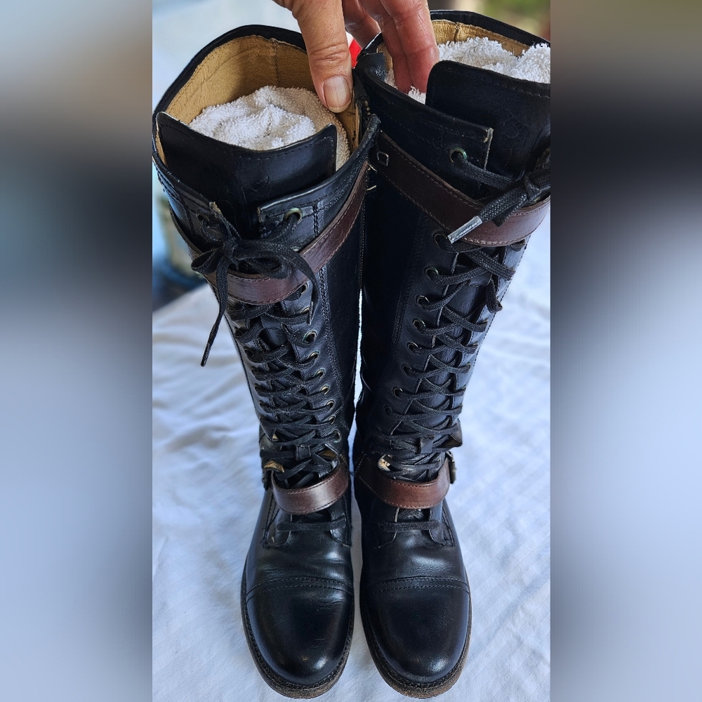 Frye Combat Moto Boots Black and Brown Leather